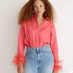 J. Crew Cotton Poplin Feather Cuff Trim Button-Up Blouse